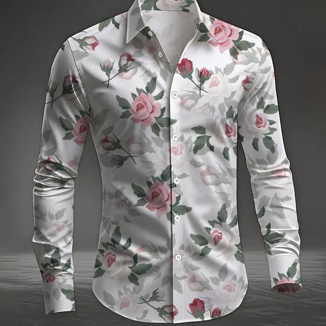 TEMU Men's Wrinkle-resistant Long Sleeve Dress Shirt With Collar & Button Front - Wrinkle-free Full-body Print (rose//pink/green) Suitable For Business, Weddings, Office - Wear