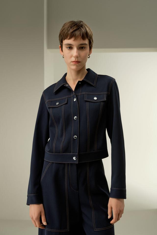 LILYSILK Veste Pour Femme Coutures Contrastées Audacieuses 100 % Laine Mérinos Facile À Assortir Modèle De Base, Style Denim Bleu Marine M