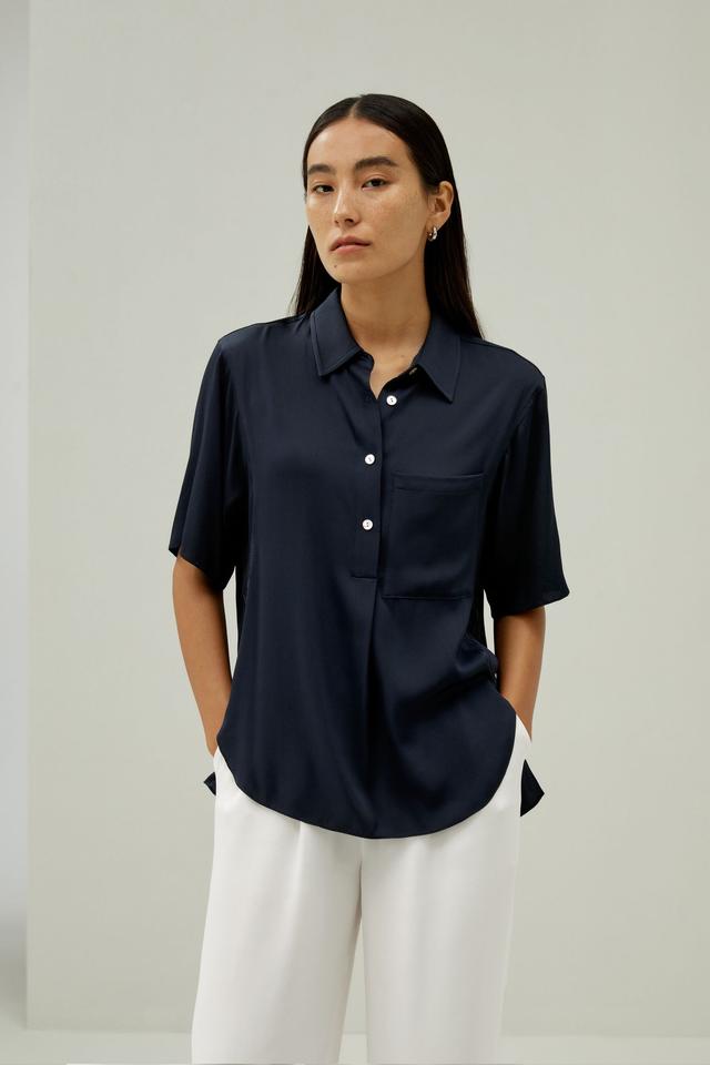 LILYSILK Blouse En Soie Boutons En Nacre Soie Charmeuse Élégance Sans Effort Style Moderne Bleu Minuit M