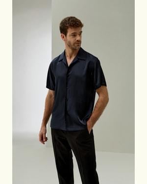 LILYSILK Casual Shirts For Men Pure Silk Lapel Collar Breathable UK Midnight Blue S