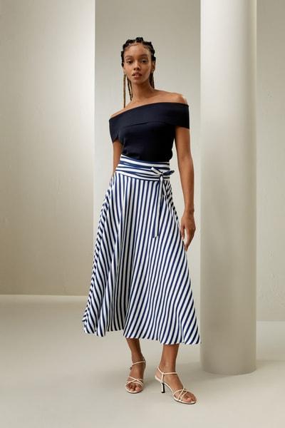 LILYSILK Silk Midi Skirt Women Blue-White-Pinstripes UK 100% Silk Twill Classic Pinstriped Pattern Side Pockets Waist Self-tie Design UK 20