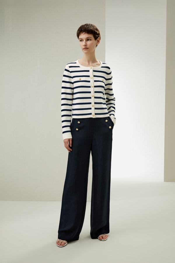 LILYSILK Soft and Graceful Ladies Wool Cardigan - Navy Blue and White Stripes - XS