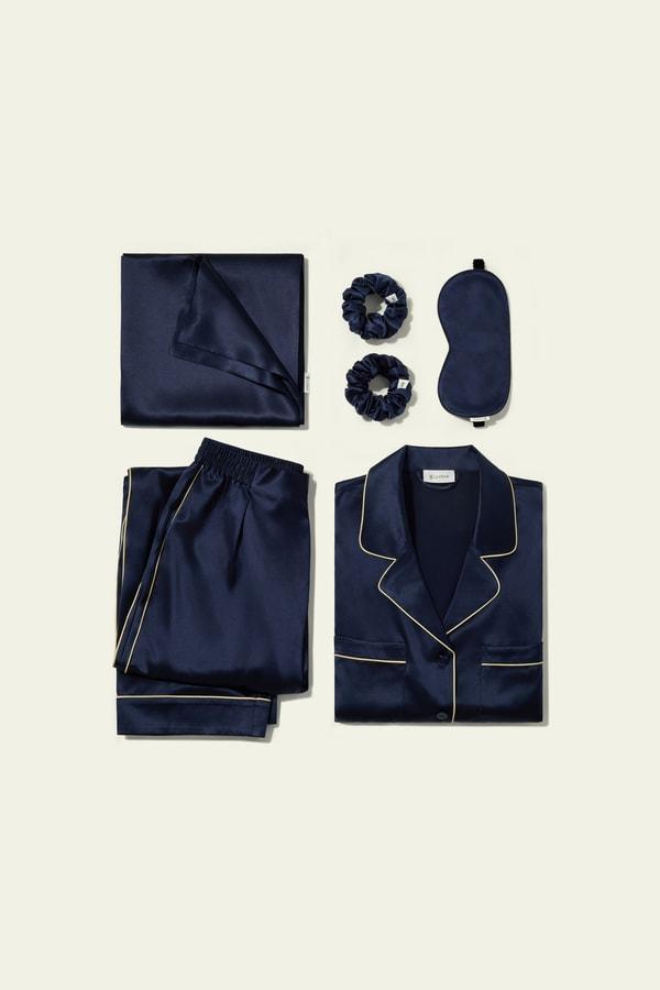 LILYSILK Silk Luxury Sleeping Gift Set Luxurious Silk Pajamas Set & Pillowcase & Accessories. - Navy Blue - XS