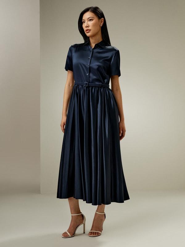 LILYSILK Womens Long Silk Dress - Navy Blue Pure Silk - Anti-Allergy Buttoned Closure Dress 12