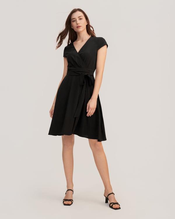 LILYSILK Robe Portefeuille Femme Soie Crêpe de Chine Élégante Ceinturée Noir 40