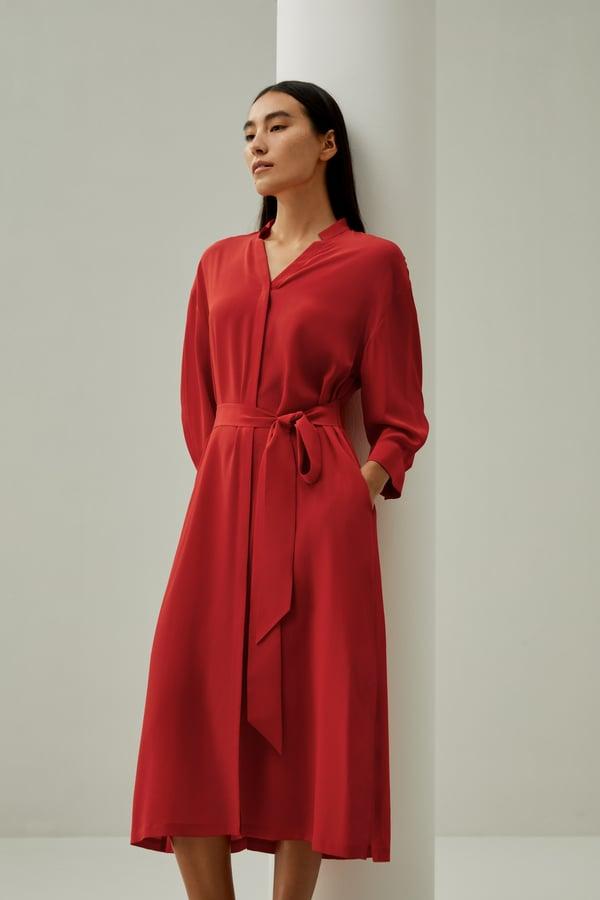 LILYSILK Robe Chemise Soie Écarlate S - Col Montant, Ceinture, Poches, Crêpe de Chine