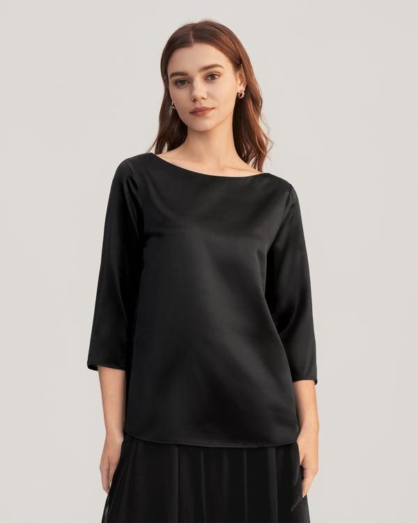 LILYSILK Blouse Femme ¨¦l¨¦gante en Soie Charmeuse Col Bateau Manches 3/4 Noir XL