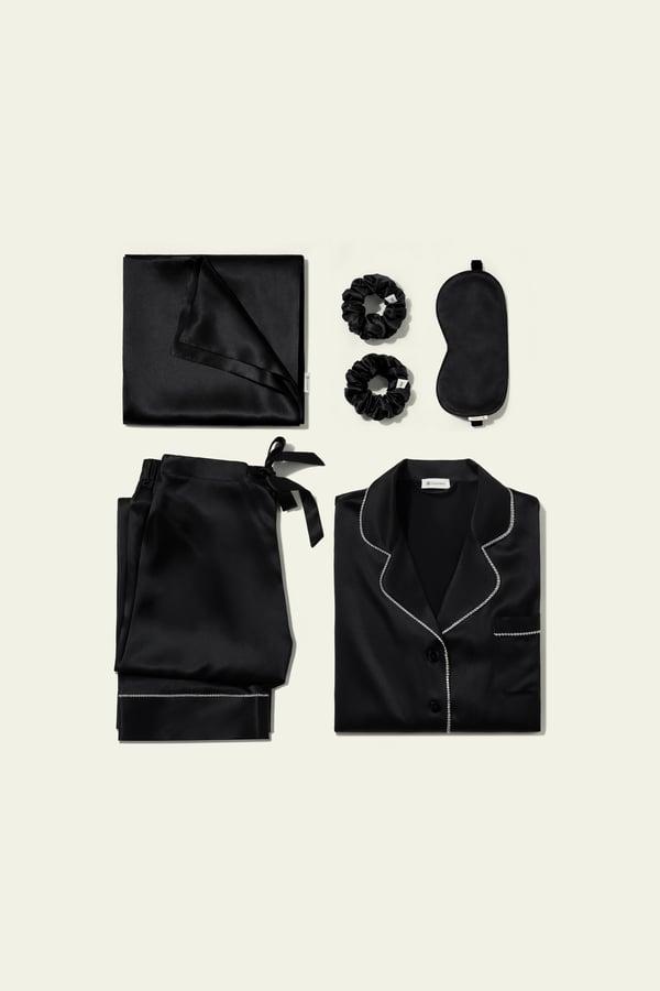 LILYSILK Ensemble Cadeau Soie Noir M - Pyjama Strass, Taie d'oreiller 22 Mommes, Masque & Chouchous