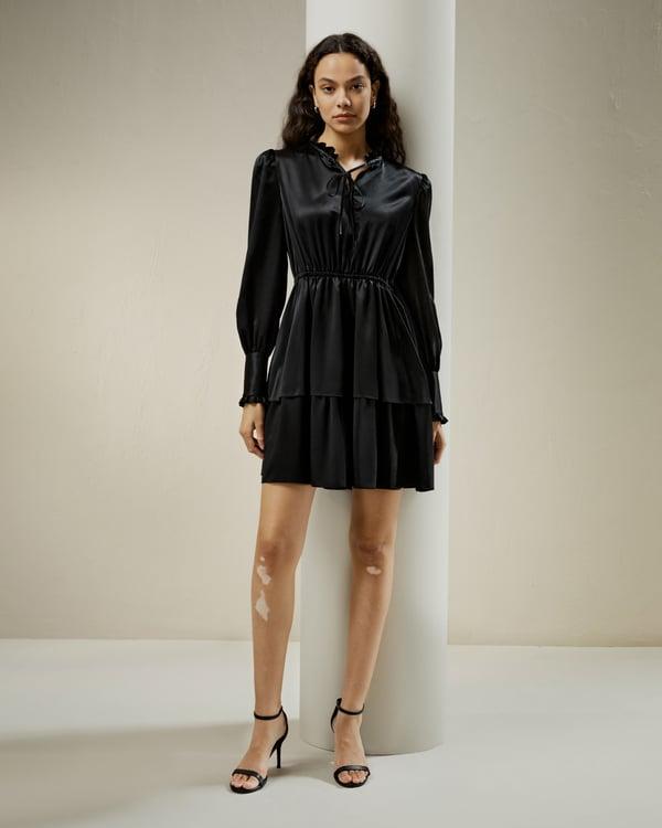 LILYSILK Robe Noire Soie Femme Manches Bouffantes, Cravate Au Cou 100% Soie Régulation De La Température Noir 40