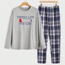 Men Slogan Graphic Tee & Plaid Trousers PJ Set