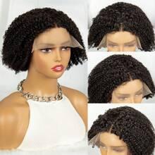 Transparent Lace Kinky Curly T Part Lace Wigs Real Human Hair Lace Frontal Closure Natural Black Color Wigs With Front Baby Hair Pre Plucked Natural