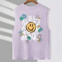 Men's Cartoon Printed Knitted Casual Tank Top, Suitable For Summer
