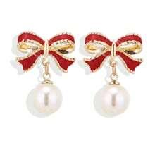 Bow Shaped Earrings, Artificial Pearls, Bow Shaped Pendant Earrings, Christmas And Valentine's Day Gifts