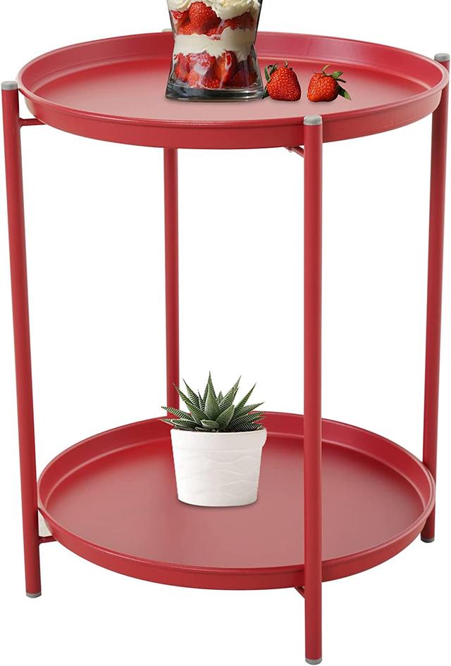 Steel Patio Side Table 2-Tier Weather Resistant Outdoor Round End Table Red 2-tier