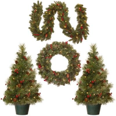 4-Piece Pre-Lit Pinecones & Berries Artificial Christmas Entrance Trees, Garland & Wreath, Warm White LED Lights By National Tree Company , Michaels®