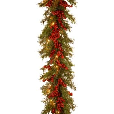 9' X 14" Pre-lit Decorative Collection Valley Pine Artificial Christmas Garland W/ Red Berries, 50 Soft White Battery Operated LEDs W/ Timer By