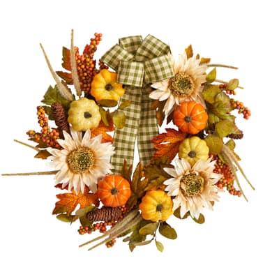 24" Pumpkin, Sunflower Artificial Autumn Wreath With Decorative Ribbon By Nearly Natural | Michaels®