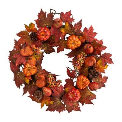 24" Autumn Maple Leaves, Pumpkin, Pinecone & Berries Wreath By Nearly Natural in Orange | Michaels®