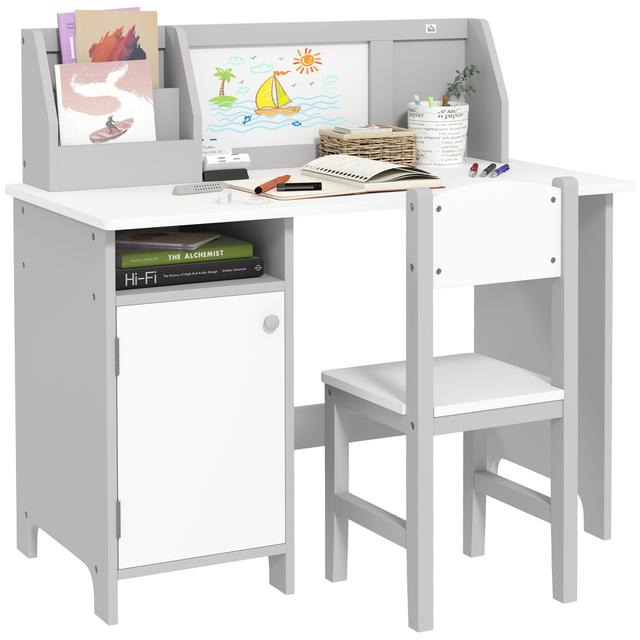 Qaba 2Pcs Kids Desk and Chair Set with Whiteboard, Storage, Shelves, Grey | by TSC