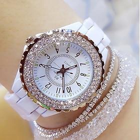 Gift for Women Quartz Watch Luxury Elegant Diamond Rhinestones Analog Quartz Wristwatch with Bracelet Set Waterproof Stainless Steel Ceramic Ladies Quartz Watc