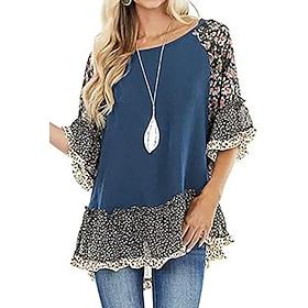 Women's Shirt Boho Shirt Tunic Blouse Ruffle Print Flowing tunic Floral Leopard Streetwear Casual 3/4 Length Sleeve Round Neck Regular Tops Daily Weekend Blue