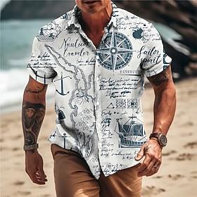 Homme Ancre Vintage Boussole Chemise Chemise Boutonnée Manche Courte ancien Mode Designer Occasionnel Extérieur Été Printemps Col Rabattu Imprimé Bleu Noir Bla