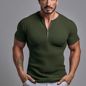 Men's Waffle Tee Tee Top Short Sleeves Quarter Zip Summer Plain Fashion Designer Basic Zip Up Vacation Street Going out Green Top Tee for Men