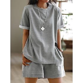 Women's Plus Size Loungewear Sets Pure Color Sport Casual Comfort Home Street Daily Breathable Crew Neck Short Sleeve T shirt Tee Shorts Pocket Summer Spring H