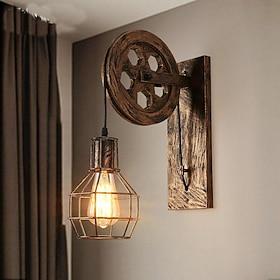 LED Indoor Wall Light Fixture Industrial Mid Century Retro Iron Wall Lights Lift Pulley Wall Lamp Features The Matte Iron Cage Lamp Shade for Indoor Lighting B