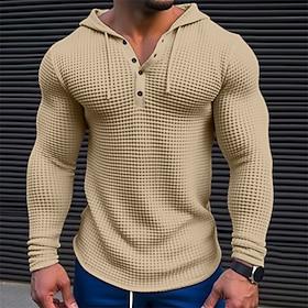 Men's T Shirt Waffle Henley Shirt Tee Top Long Sleeve Shirt Long Sleeve Hooded Spring Fall Color Block Fashion Designer Basic Patchwork Vacation Street Going