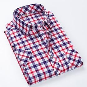 Men's Dress Shirt Plaid Shirt Collared Shirt Button Up Shirt Plaid / Check Wedding Casual Blue White Red Orange Short Sleeve Turndown Summer Spring Clothing Ap