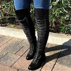 zwarte overknee veterlaarzen voor dames – stijlvolle hoge laarzen van imitatieleer met robuuste zool voor buiten- en modegelegenheden