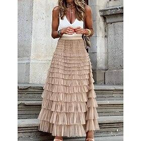 Dame Langt skørt Maxi Nederdele Patchwork Ensfarvet Ferierejse Fest Forår, Efterår, Vinter, Sommer Polyester Elegant Mode Sort Lyserød Kakifarvet