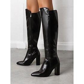 Zwarte lakleren dames kniehoge laarzen met blokhak, strak design voor modieuze avondkleding en speciale gelegenheden