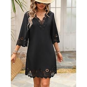 Women's Black Dress Mini Dress Lace Patchwork Casual V Neck 3/4 Length Sleeve Black Color