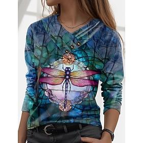 Dames T-shirt Stijlvol Casual Afdrukken Lange mouw Normale tops V-hals Dagelijks Groen Herfst Winter