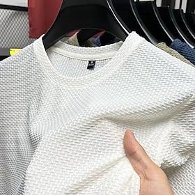 Men's Waffle Tee Cool Shirt Tee Top Short Sleeve Crew Neck Summer Striped Vintage Fashion Crewneck Work Office / Career Casual Black White Navy Blue Top Tee fo
