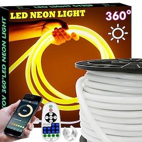 360 Neon LED Strip Light with Bluetooth APP Music Sync Timing 10-132 Feet Flexible/Waterproof/LED Rope Light 23key Remote Control Suitable for Home/Garden/Buil