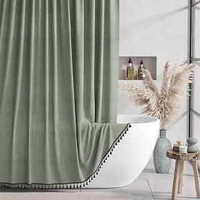 Boho Shower Curtains for Bathroom, Farmhouse Shower Curtain with Tassels, Sage Green Shower Curtain Set, Faux Linen Fabric Shower Curtain with 12 Hooks, Hotel