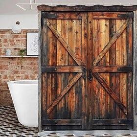 Shower Curtain with 12 Hooks 180cm180cm(7070) Polyester Machine Washable Waterproof Vintage Fake Door Barn Pattern