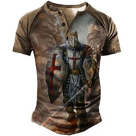 Men's Graphic Color Block Soldier T Shirt Vintage Shirt Henley Shirt Short Sleeve 3D Print Designer Basic Classic Outdoor Daily Sports Summer Blue Brown Green