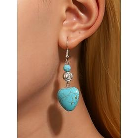 Women's Boho Turquoise Heart Drop Earrings – Vintage Silver Accents, Natural Stone Dangle Design for Free-Spirited Women, Ideal for Music Festivals, Casual Out