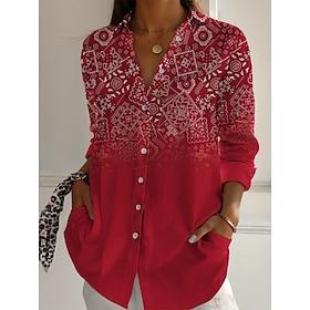 Women's Shirt Buttons Print Geometric Color Block Vintage Western Ethnic Long Sleeve Shirt Collar Regular Tops Daily Holiday Blue Black Red Brown Green Spring