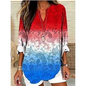 Independence Day Women's Patriotic Fourth of July Blouse Ombre Graphic Flag Vintage Tropical Hawaiian Long Sleeve V Neck Regular Tops Daily Holiday Beach Wear