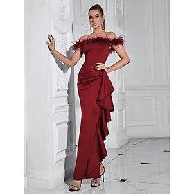 Mermaid / Trumpet Stretch Satin Evening Gown Elegant Dress Formal Wedding Floor Length Sleeveless Off Shoulder with Feather Ruffles 2025