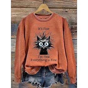 Women's Pullover Sweatshirt Print Graphic Cat Letter Fashion Casual Long Sleeve Crew Neck Regular Tops Casual Street Dailywear Blue Purple Orange Green Gray Fa