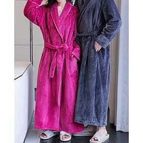 Women's Pajamas Robe Flannel Fashion Casual Pure Color Pocket Vacation Home Bed Long Sleeve V Neck Black White Wine Navy Blue Gray Fall Winter Tailored Fit