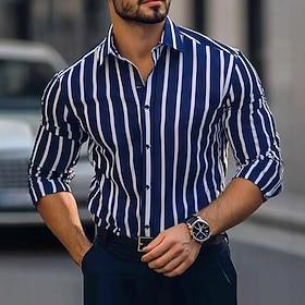 Men's Shirt Dress Shirt Striped Shirt Casual Shirt Button Up Shirt Vertical Stripes Wedding Outdoor Black White Blue Long Sleeve Lapel Summer Spring Clothing A
