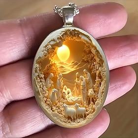 Nativity Necklace Resurrection of Jesus Vintage Glass Oval Pendant Necklace for Women, Simple Fashion Christian Religious Symbol Jewelry for Daily Wear, Christ