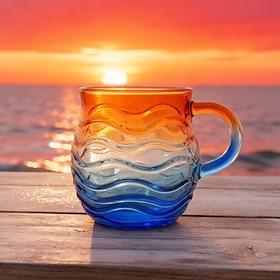 Sea Glass Sundown Mug 12 Oz, Handcrafted Ocean Wave Pattern Coastal Beach Themed Mug, Unique Textured Artistic Drinkware for Coffee Tea Gift for Ocean Beach Su